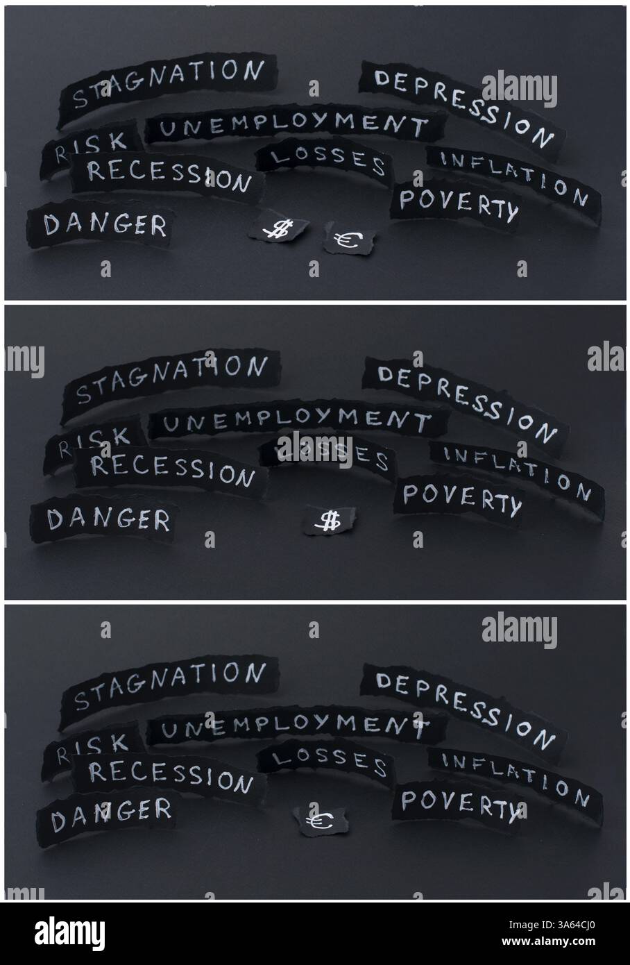 Krise Konzept weißen Text auf schwarzem Hintergrund. Rezession und depression Stockfoto