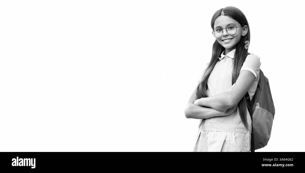 Studentenleben. Das Teenager-Mädchen geht zurück in die Schule. Wissenstag. Ausbildung in der Hochschule. Mädchen Studentin isoliert auf weiß. September. Zeit zum Lernen. Wissen und Stockfoto