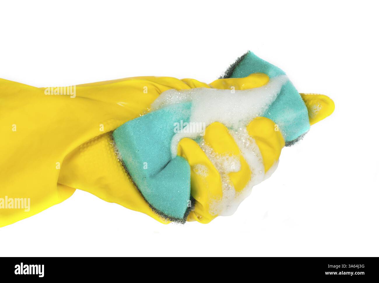 Hand-held Schwamm mit Schaum zum Geschirr spülen. Weiß isoliert Stockfoto