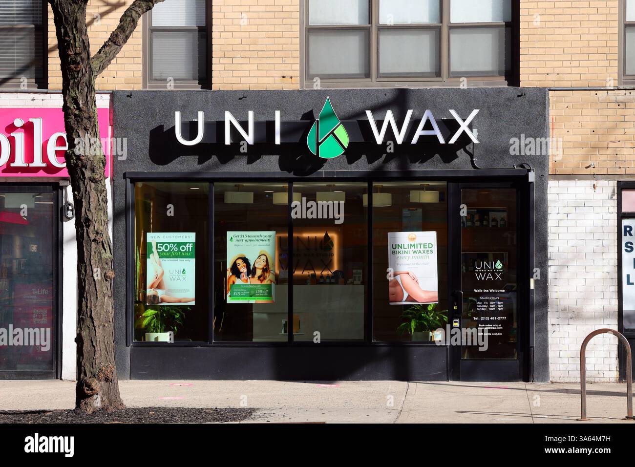 Uni K Wax, 405 3rd Ave, New York, NYC, Ladenfront eines Franchise-Dienstes für Körperhaarentfernung in Manhattan Murray Hill, Kips Bay. Stockfoto