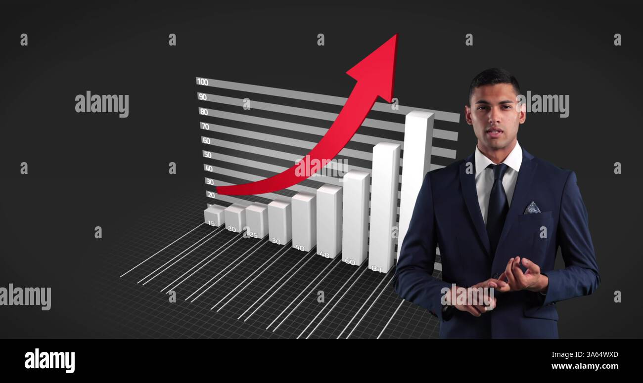 Geschäftsmann in Anzug, der das Finanzwachstumsdiagramm mit aufsteigendem rotem Pfeil präsentiert Stockfoto