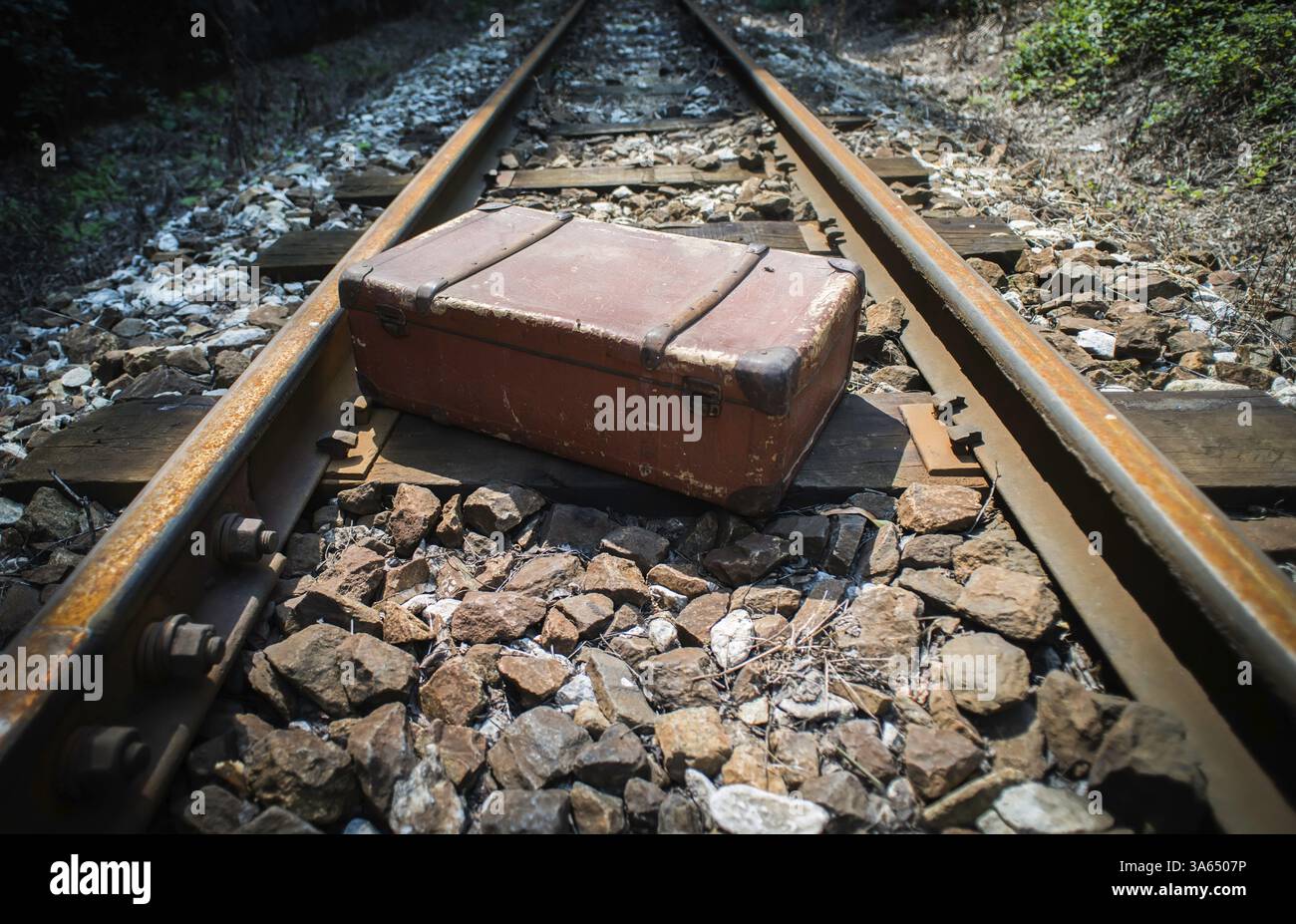Vintage-Koffer auf Eisenbahnstraße und Tunnel Stockfoto