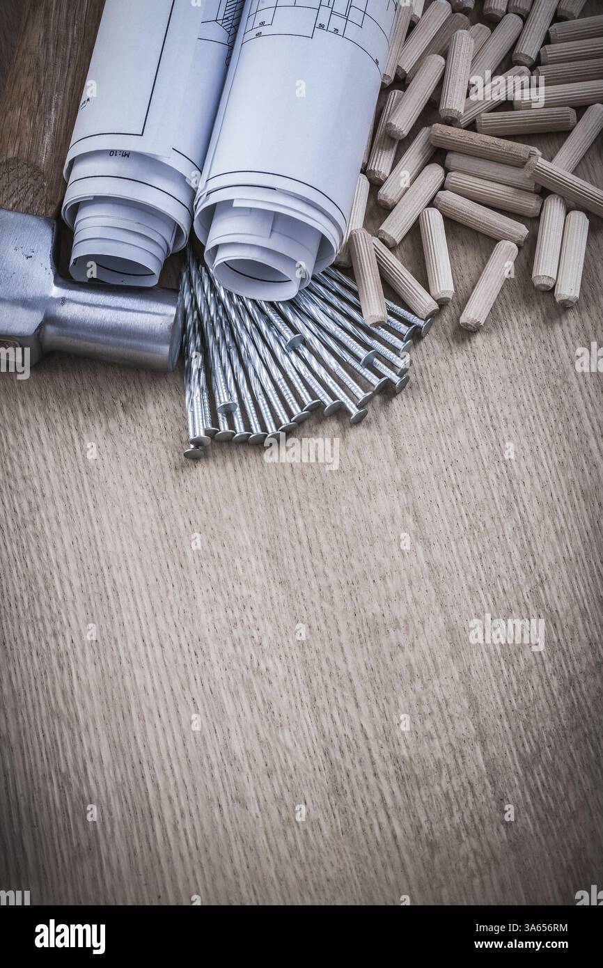Blaudruckrollen Klauenhammer Stapel Dübel und Baunägel Stockfoto
