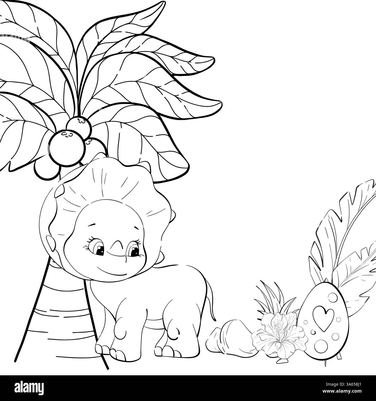 Vektor-Hintergrund - nette Dinosaurier Triceratops mit Ei. Für Kinderzimmer, Neugeborene. Jura-Periode. Zeichentricktier, tropische Blätter, Palme für Kinder Design Stock Vektor