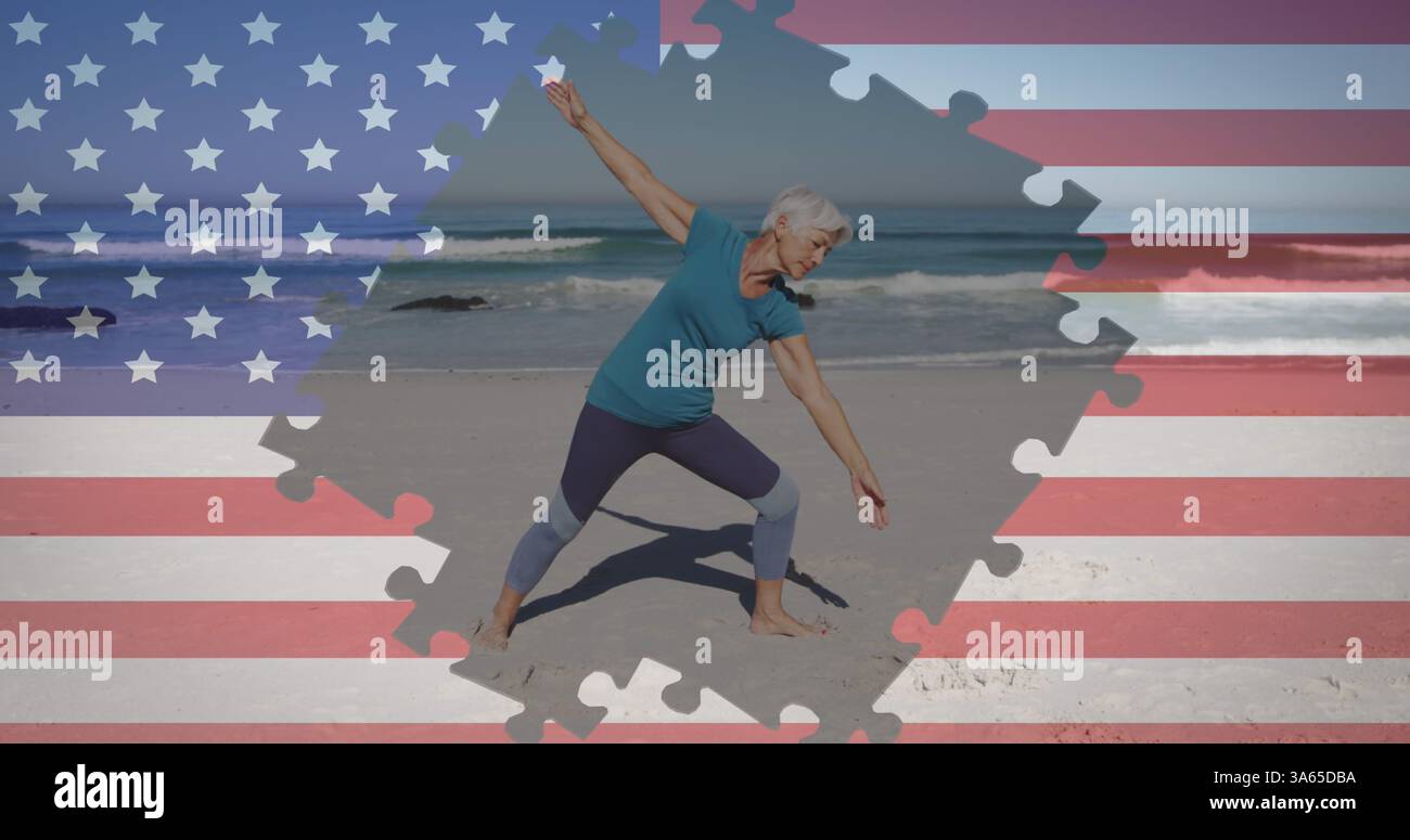 Bild eines Feuerwerks und Puzzles mit amerikanischer Flagge, die eine ältere Frau zeigen, die am Strand trainiert Stockfoto