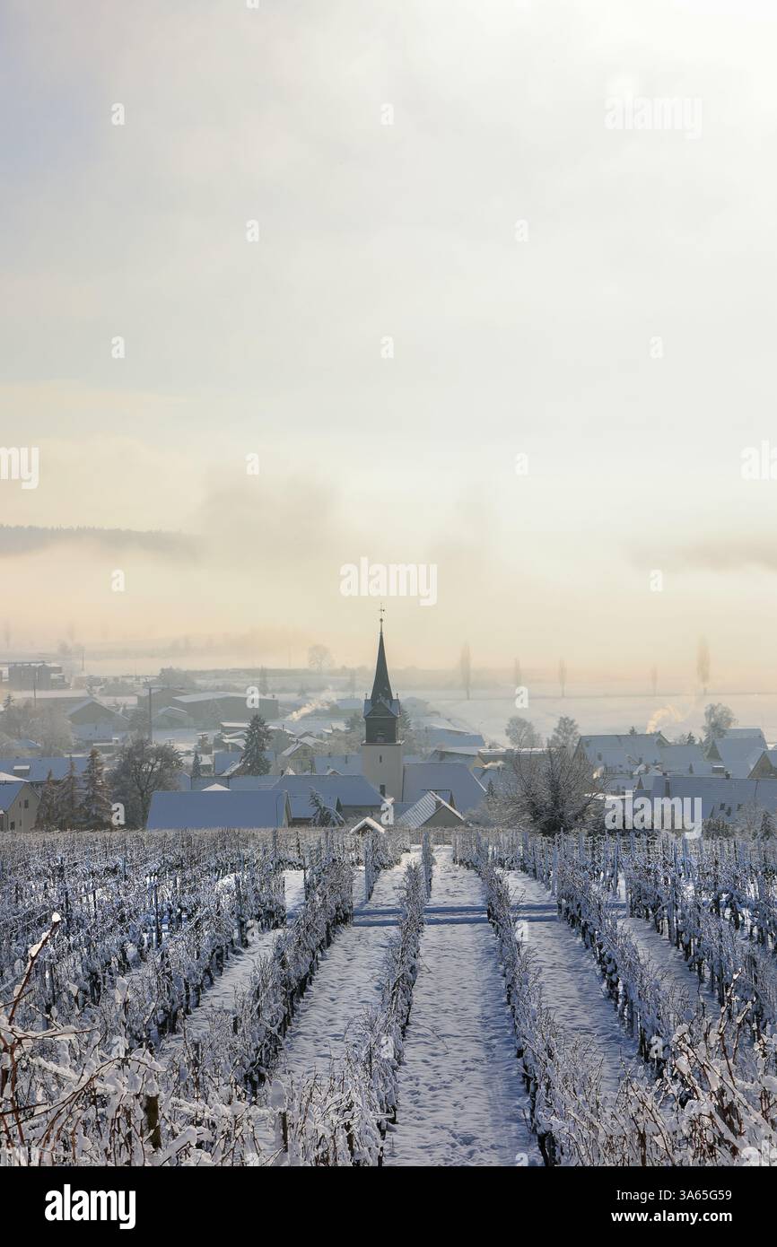 Neblige Winterlandschaft über einem Dorf und schneebedeckten Weinbergen - mit Kopierraum auf der Oberseite Stockfoto