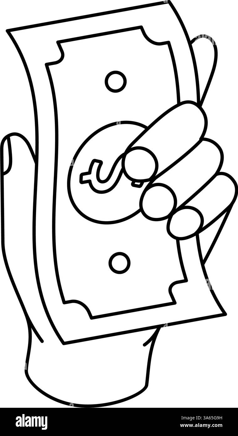 Eine Hand, die ein Umrisssymbol für die Dollarscheine hält. Wirtschaft und Finanzen. Vektorabbildung. Stock Vektor