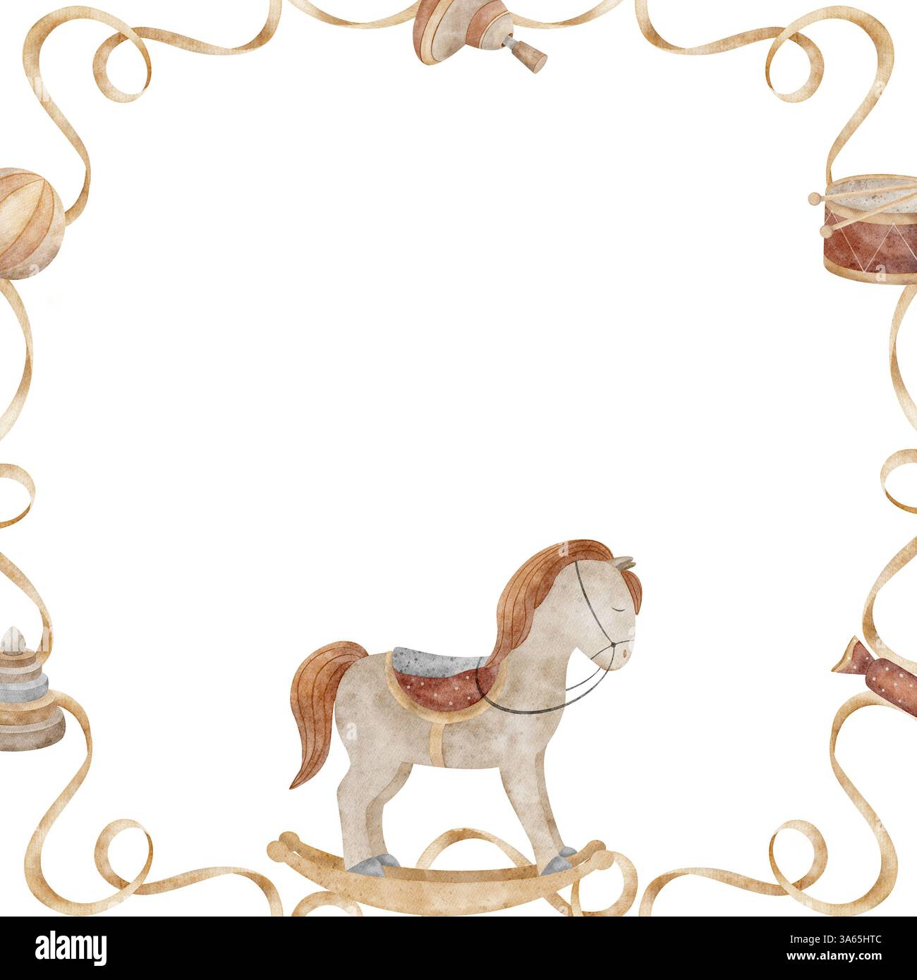 Aquarell-Kinderrahmen aus Band, Vintage-Spielzeug. Illustration Pferdeschwinge, Trommel, Pyramide, Spitze, Süßigkeiten im Cartoon-Stil. Kopierbereich für quadratische Vorlage Stockfoto