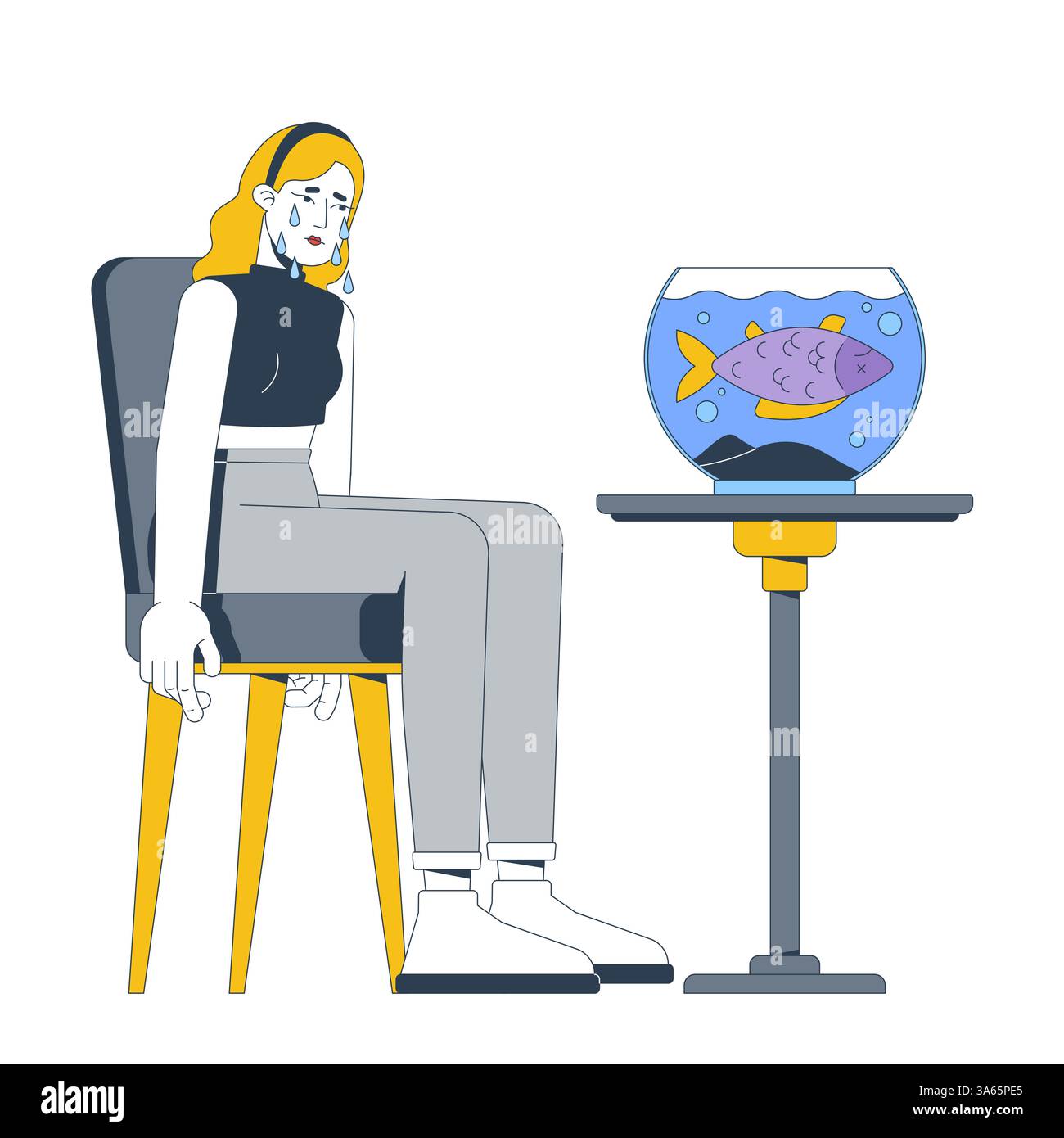 Traurige Frau weint neben Fischschüssel mit totem Fisch 2D Vektor Illustration Stock Vektor