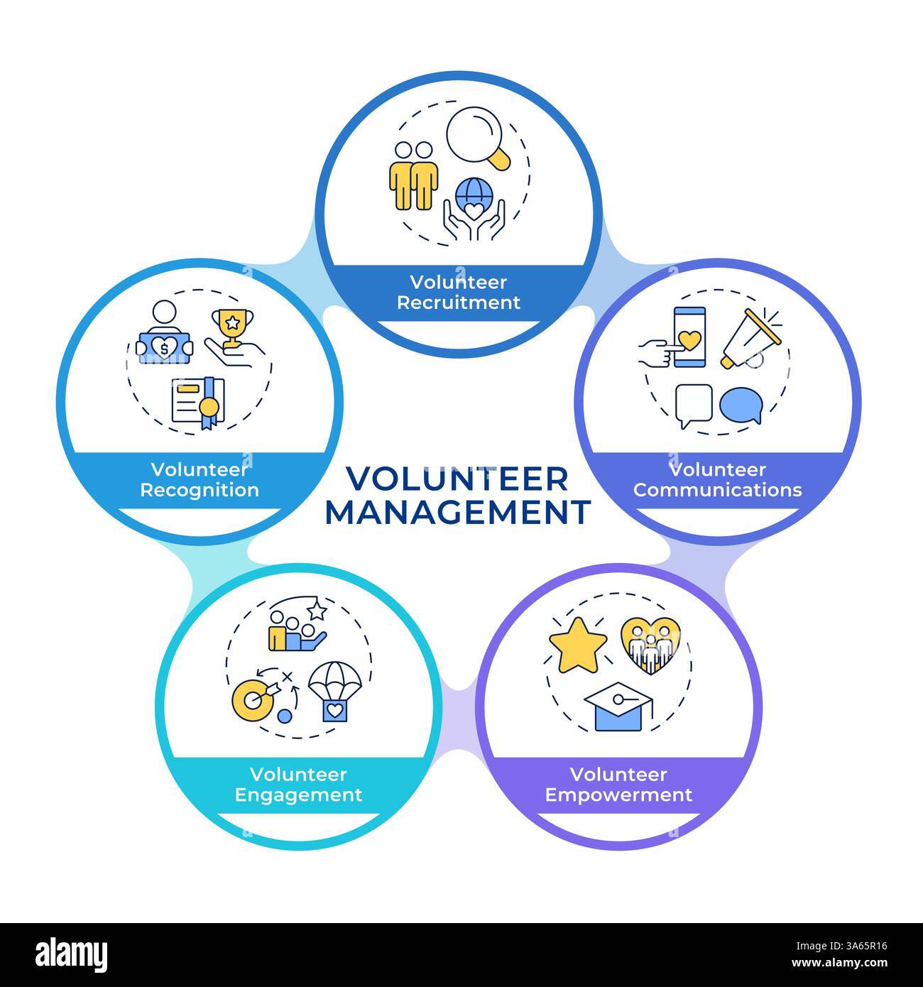 Flussdiagramm für Infografiken zu den Komponenten für das Management von Freiwilligen Stock Vektor