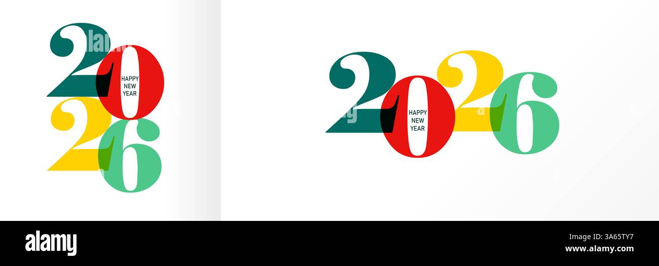 2026 Happy New Year – Design-Konzept mit mehreren farbenfrohen Zahlen. Happy New Year 2026 Vektorsymbole für Grußkarten- oder Kalendercover-Design Stock Vektor