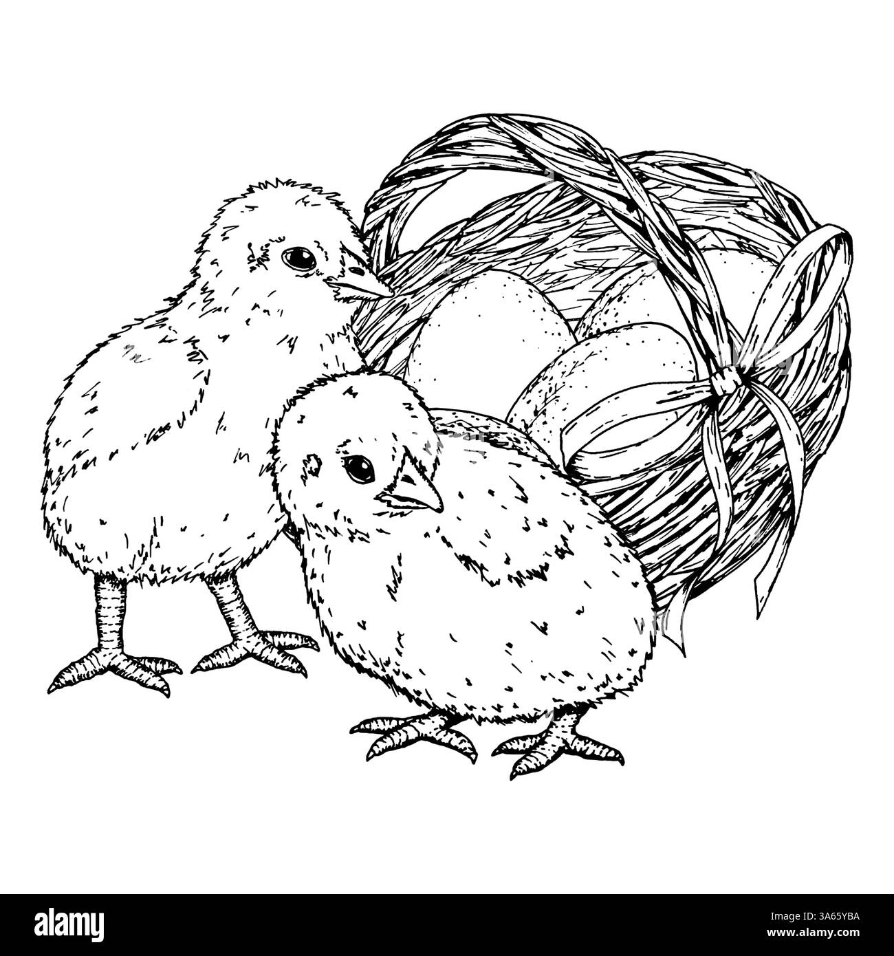 Handgezeichnete schwarz-weiße Illustration von zwei Küken und einem Korb mit Eiern, die mit einem Band gebunden sind. Geeignet für Osterprojekte, Frühjahrsgrußkarten Stock Vektor