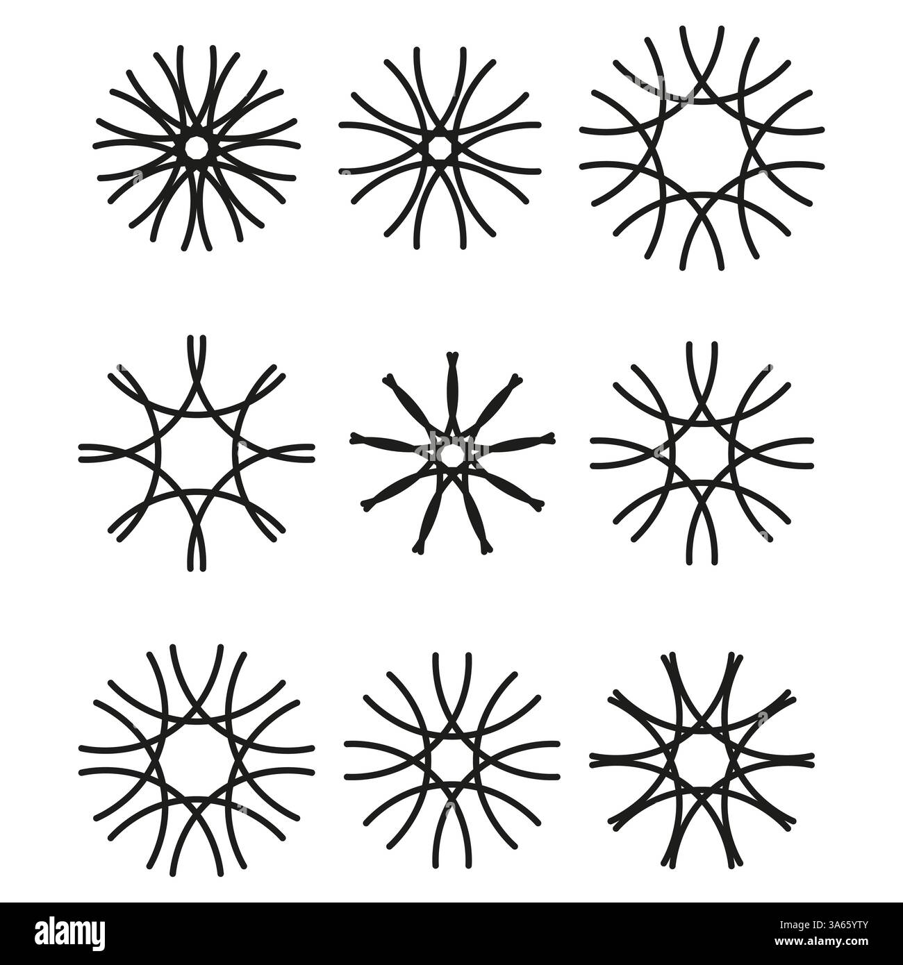Abstrakte Radialformen. Symmetrische Sternentwürfe. Geometrische Linienmuster. Kreative Vektorelemente. Stock Vektor