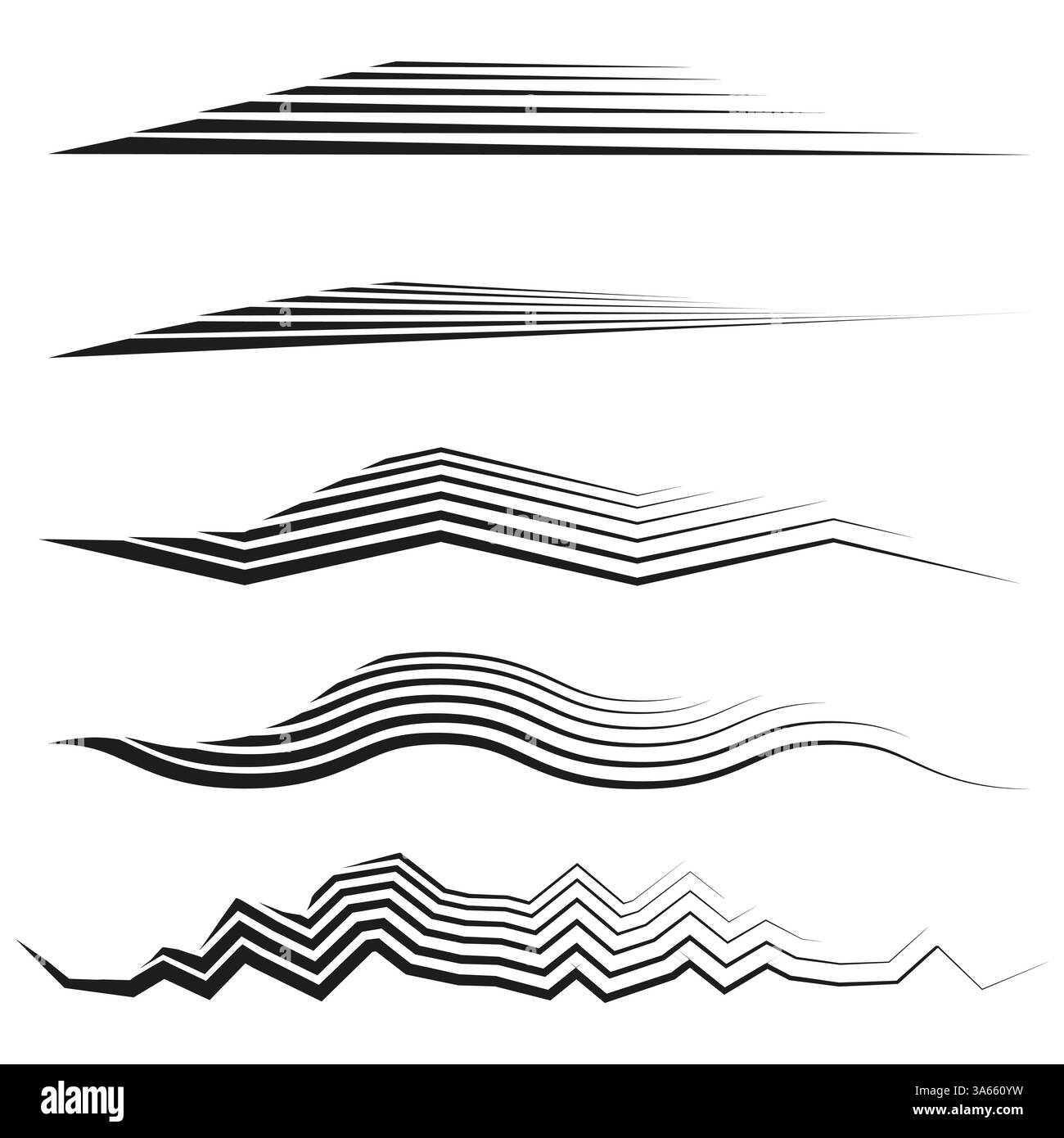 Geometrische Strichgrafik. Abstrakte Wellenelemente. Gestreiftes Muster. Schwarzes Vektordesign. Stock Vektor