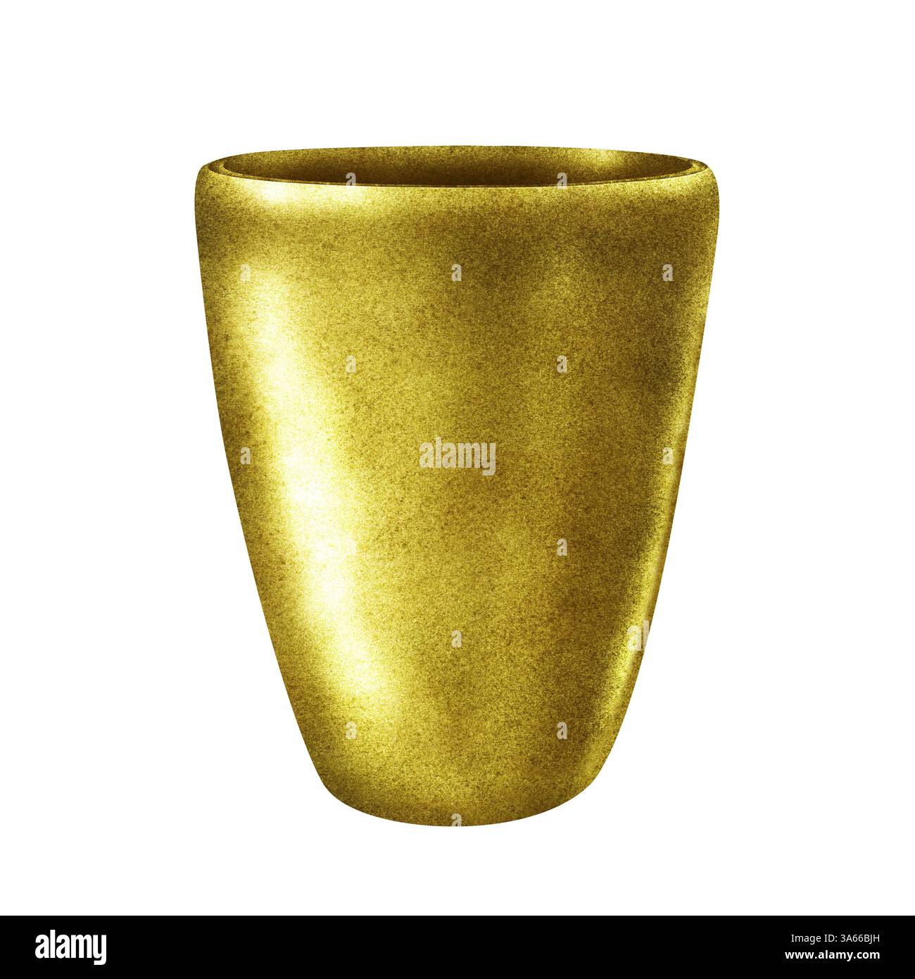 Pflanzgefäß mit Gold-, Messing-, Bronze-Metallic-Texturen. Blumentopf, Vase für Pflanzen und Sträuße. Aquarellbehälterschablone für Innen- und Außenbereiche, Stockfoto
