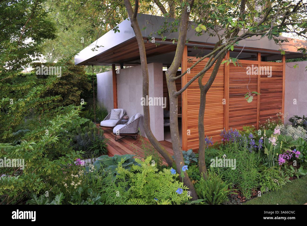 LONDON, Großbritannien - 21. MAI 2018: Der Morgan Stanley Garden für den NSPCC, entworfen von Chris Beardshaw auf der RHS Chelsea Flower Show Stockfoto