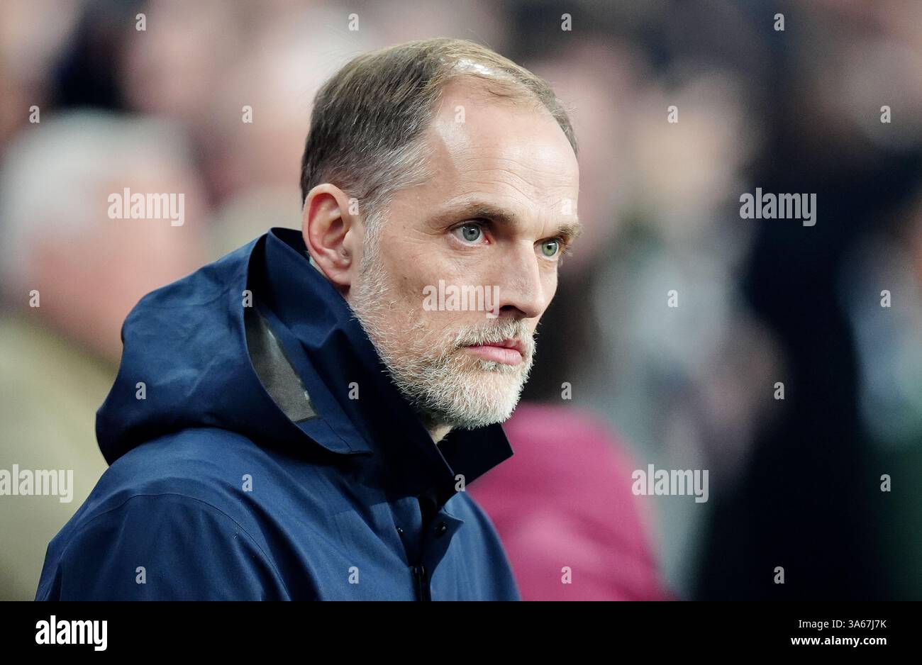 Aktenfoto vom 24.03.2025 des englischen Managers Thomas Tuchel, der beeindruckt und begeistert war von Englands Bemühung, Einstellung und Bereitschaft, sich während seines Sieges an das Leben in der Leitung anzupassen. Ausgabedatum: Dienstag, 25. März 2025. Stockfoto