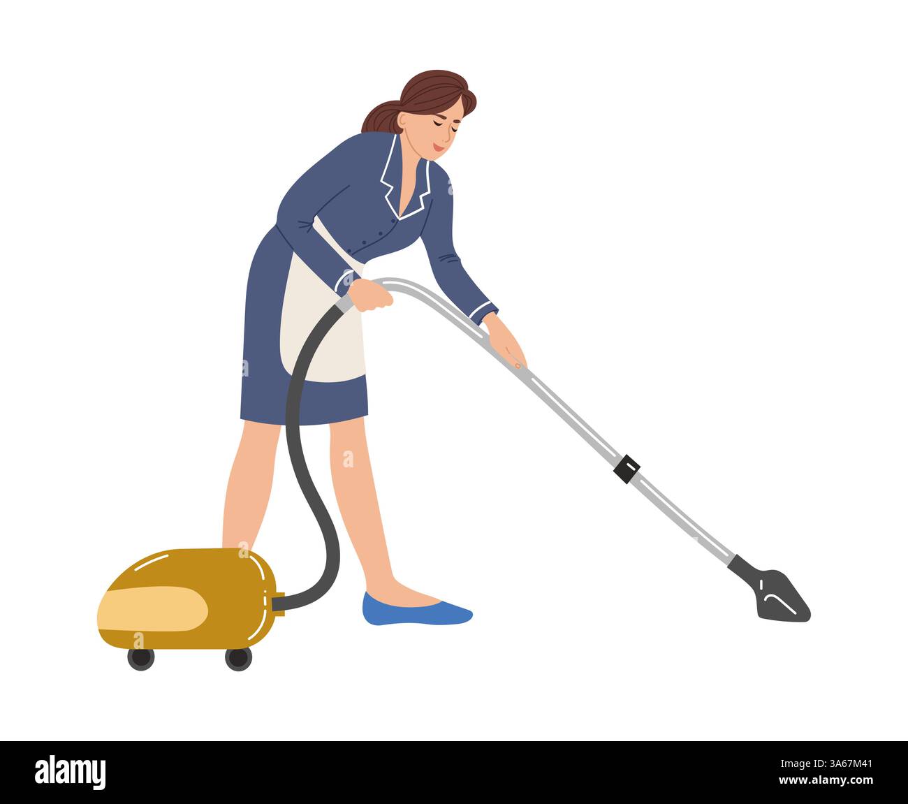 Eine Frau in blauer Uniform reinigt den Boden mit einem Vakuum. Vektorillustration isoliert auf weißem Hintergrund Stock Vektor Eine Frau in blauer Uniform reinigt den Boden mit einem Vakuum. Vektorillustration isoliert auf weißem Hintergrund Stock Vektor
