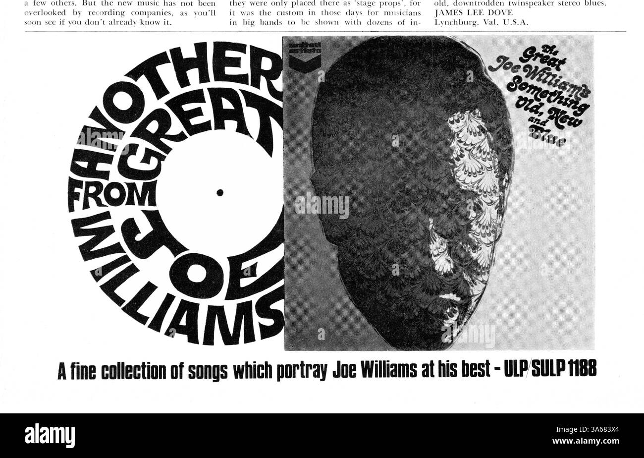 Eine Werbung aus dem Jahr 1968 für ein Album des legendären Jazzsängers Joe Williams. Dieses Album heißt Something Old, New and Blue und wurde auf dem Label Solid State Records veröffentlicht Stockfoto