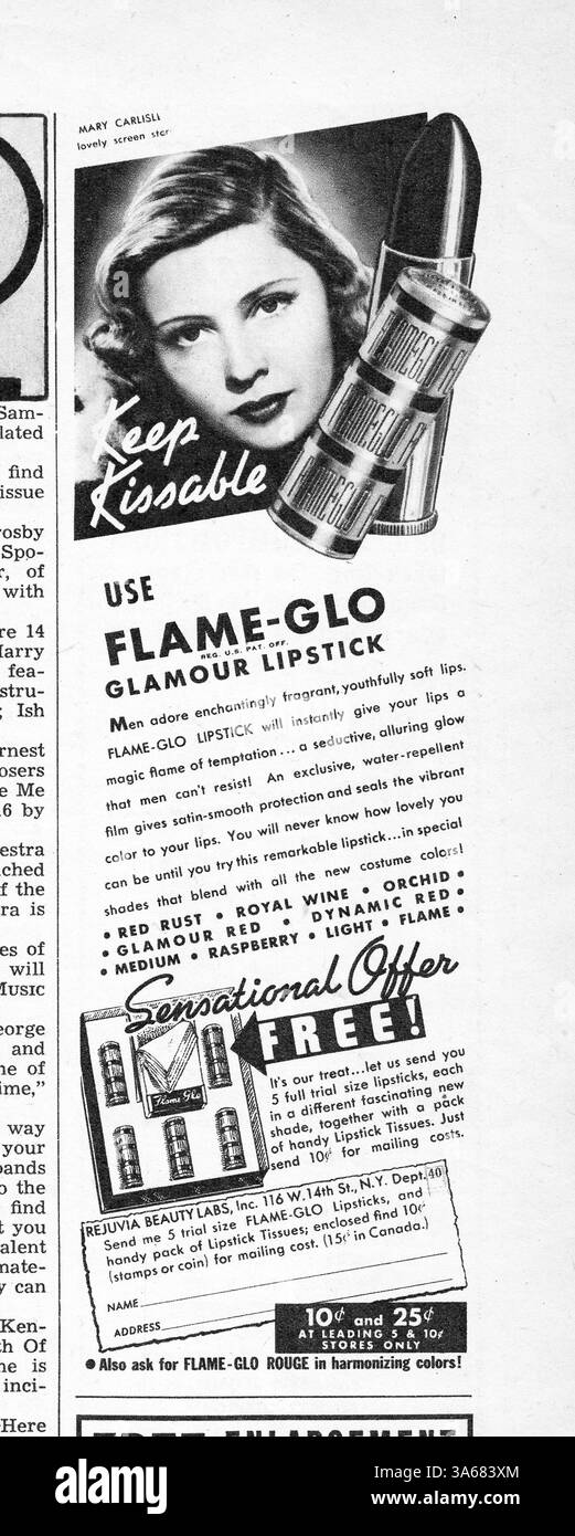 Lippenstiftwerbung von Rejuvia Beauty Labs für 10 Cent und 25 Cent Lippenstift. Es wurde von der Schauspielerin und Filmstar Mary Carlisle getragen. Aus einem Musikmagazin von 1940. Stockfoto