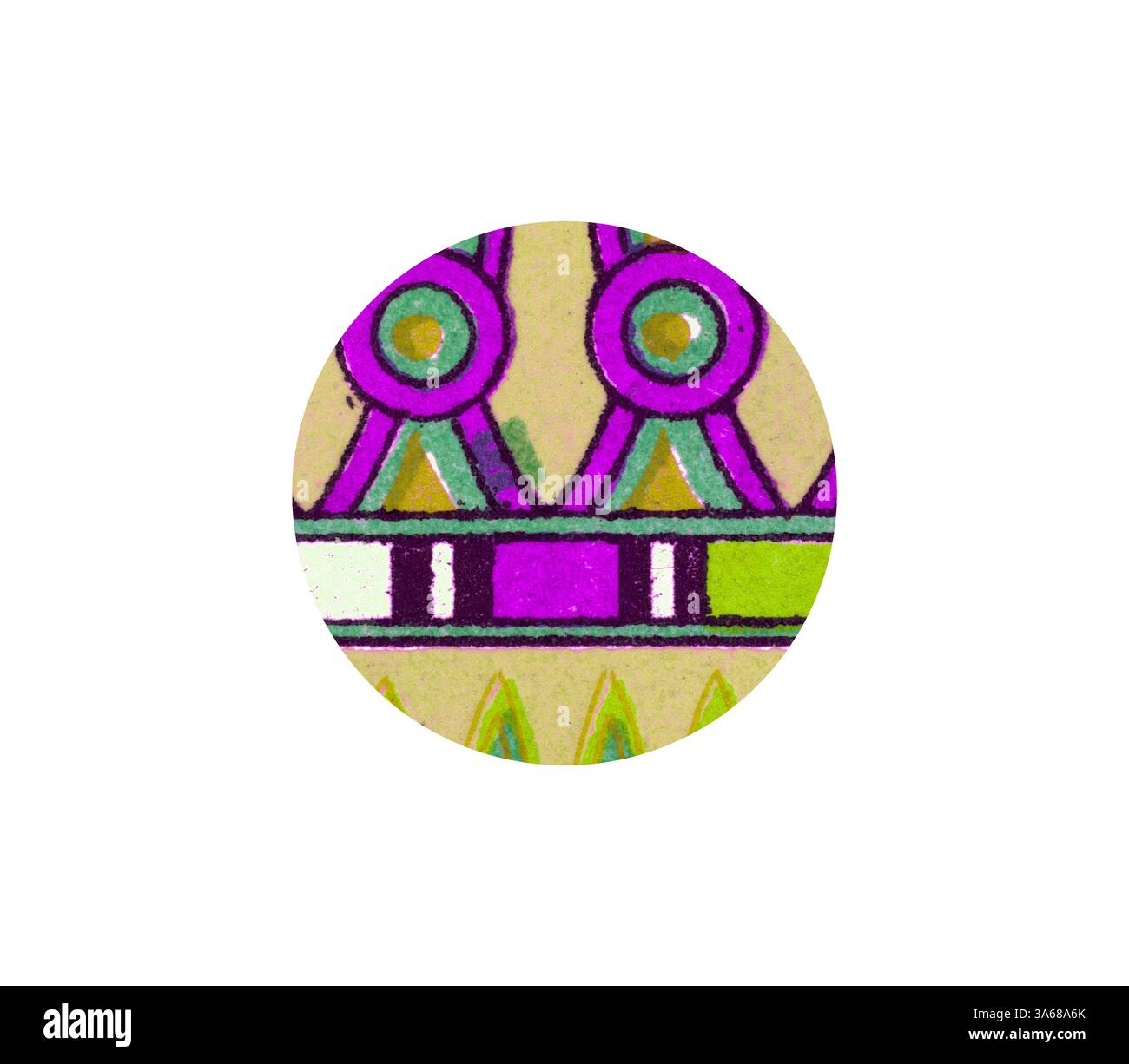 Ein lebhaftes Kreismuster mit geometrischen Formen und kräftigen Farben, mit komplizierten Designs, die traditionellen künstlerischen Motiven ähneln. Klassische Kunst mit modernem Touch, neu gestaltet von Artotop, verwandelt ägyptisches Ornament Stockfoto