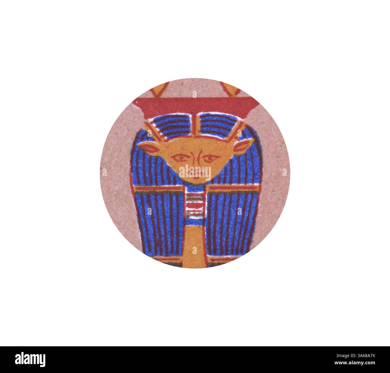 Eine stilisierte Darstellung einer antiken Figur mit unverwechselbaren Merkmalen, verziert mit blauen Haaren und kompliziertem Schmuck, die an historische Kunst aus einer vergangenen Zivilisation erinnert. Klassische Kunst mit modernem Touch, neu gestaltet von Artotop, verwandelt ägyptisches Ornament Stockfoto