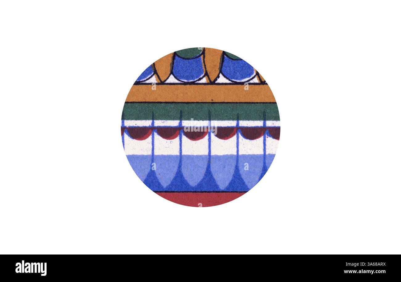 Ein lebendiges Kreismuster mit kräftigen Farben und komplexen geometrischen Formen, das eine harmonische Mischung aus Designelementen bietet. Klassische Kunst mit modernem Touch, neu gestaltet von Artotop, verwandelt ägyptisches Ornament Stockfoto