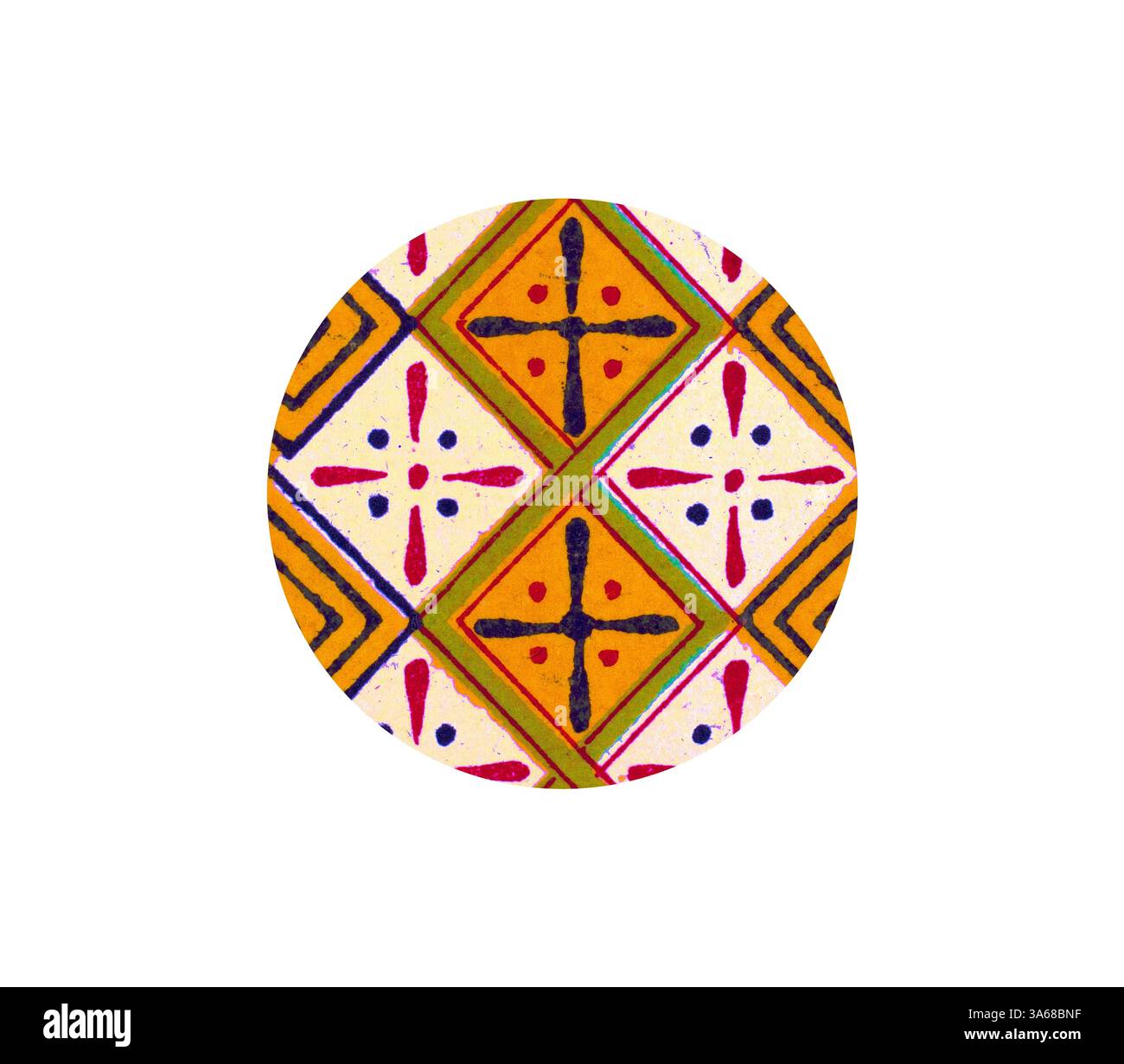 Ein lebhaftes Kreismuster mit geometrischen Formen in Orange, Gelb und Lila, durchsetzt mit komplizierten Kreuz- und Sternmotiven. Klassische Kunst mit modernem Touch, neu gestaltet von Artotop, verwandelt ägyptisches Ornament Stockfoto