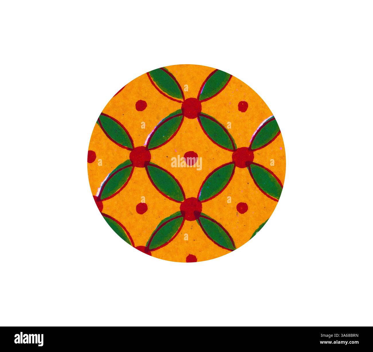 Das leuchtende kreisförmige Design mit leuchtenden orangefarbenen, grünen Blättern und roten Punkten sorgt für ein lebendiges Blumenmuster, das Energie und Verspieltheit ausstrahlt. Klassische Kunst mit modernem Touch, neu gestaltet von Artotop, verwandelt ägyptisches Ornament Stockfoto