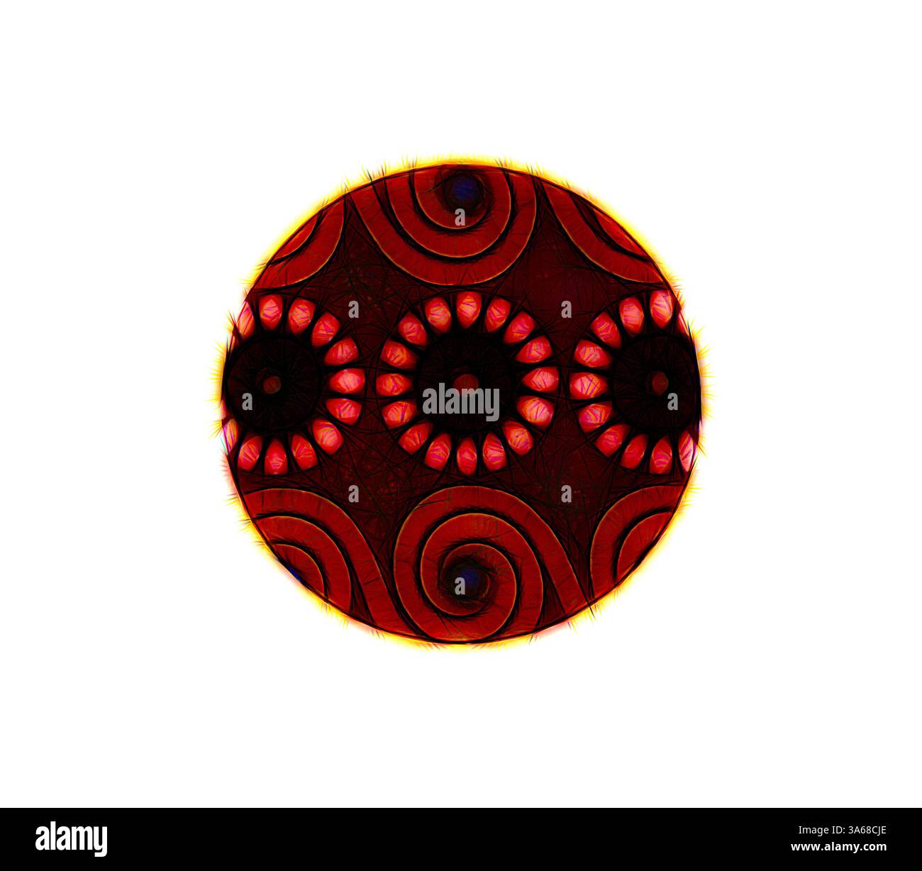 Ein lebendiges, kreisförmiges Design mit auffälligen roten und schwarzen Mustern, verziert mit wirbelnden Motiven und einer Reihe auffälliger, augenähnlicher Formen. Der Gesamteffekt ist sowohl fesselnd als auch komplex und lenkt die Aufmerksamkeit des Betrachters auf seine detaillierte Struktur. Klassische Kunst mit modernem Touch, neu gestaltet von Artotop, verwandelt ägyptisches Ornament Stockfoto
