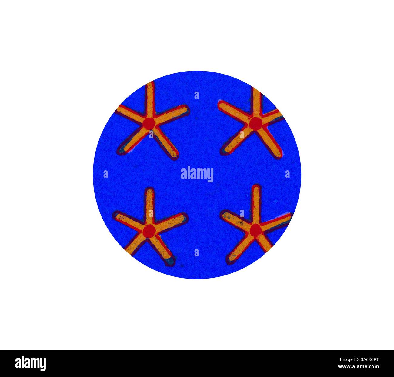 Ein kreisförmiges Design mit einem leuchtend blauen Hintergrund und vier sternähnlichen Formen, die jeweils mit roten Punkten in der Mitte hervorgehoben werden. Klassische Kunst mit modernem Touch, neu gestaltet von Artotop, verwandelt ägyptisches Ornament Stockfoto