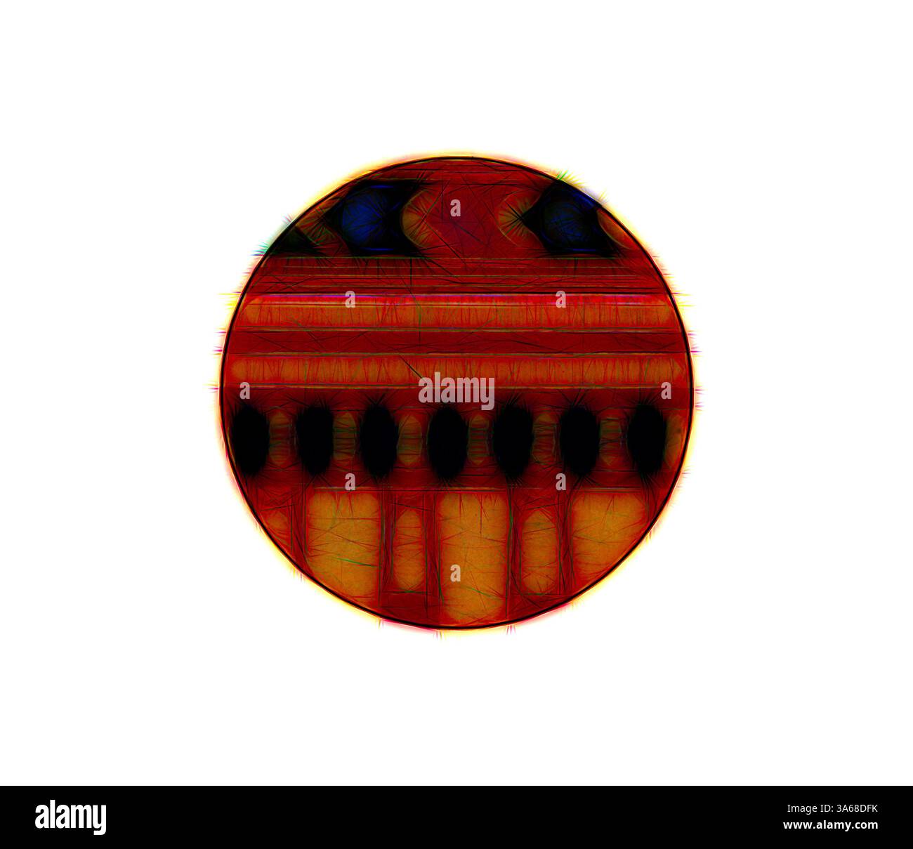 Ein lebendiges Kreismuster mit kräftigen Rottönen und kontrastierenden dunklen Elementen, kombiniert mit komplizierten Texturen und geometrischen Formen. Klassische Kunst mit modernem Touch, neu gestaltet von Artotop, verwandelt ägyptisches Ornament Stockfoto