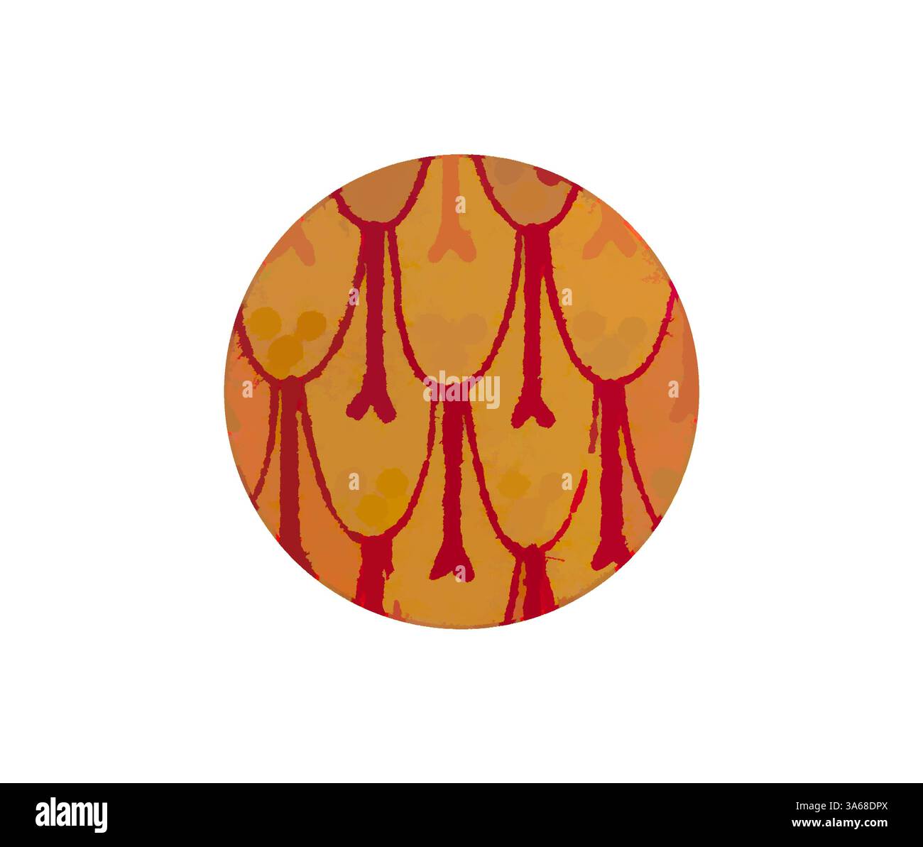 Ein künstlerisches Design mit einer ovalen Form, gefüllt mit einem warmen, orangen Hintergrund, der mit roten, fließenden Linien verziert ist, die ein Gefühl von Textur und Bewegung schaffen. Die Linien bilden ein sich wiederholendes Muster, das Tiefe und visuelles Interesse hinzufügt. Klassische Kunst mit modernem Touch, neu gestaltet von Artotop, verwandelt ägyptisches Ornament Stockfoto