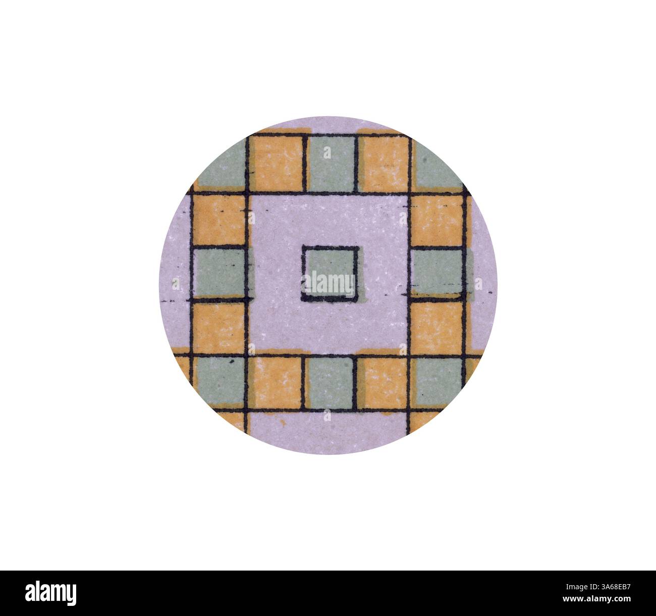 Ein kreisförmiges Muster mit einem zentralen Quadrat, umgeben von abwechselnden Blöcken aus pastellgrünen, orangen und hellvioletten Fliesen, die eine geometrische Ästhetik schaffen. Klassische Kunst mit modernem Touch, neu interpretiert von Artotop, verwandeltes assyrisches und persisches Ornament Stockfoto