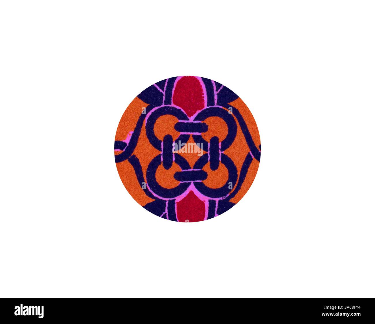 Ein lebendiges, kreisförmiges Design mit einem komplexen Muster aus ineinander greifenden Formen in kräftigen Farben, das eine harmonische Mischung aus Geometrie und Stil schafft. Klassische Kunst mit einem modernen Touch, neu interpretiert von Artotop, verwandeltes griechisches Ornament und etruskisches Ornament Stockfoto