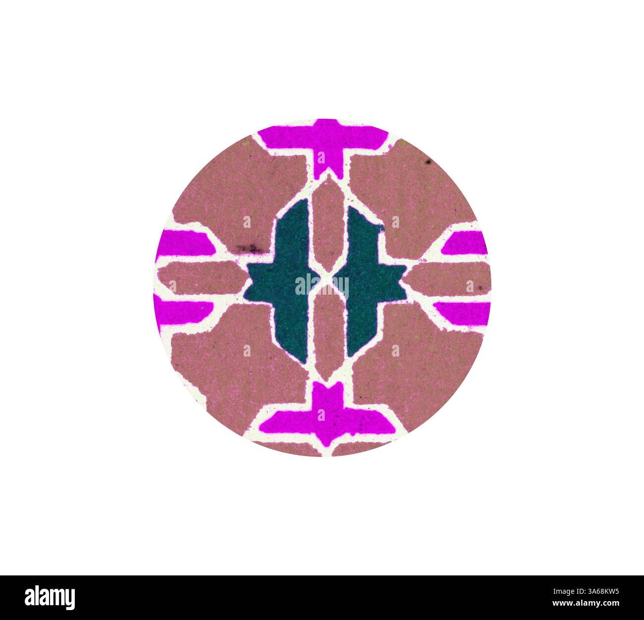 Ein kreisförmiges Design mit geometrischen Mustern in Rosa- und Grüntönen, mit einer Kombination aus scharfen und geschwungenen Elementen, die einen lebendigen visuellen Kontrast erzeugen. Klassische Kunst mit modernem Touch, neu interpretiert von Artotop, transformiertes maurisches Ornament Stockfoto