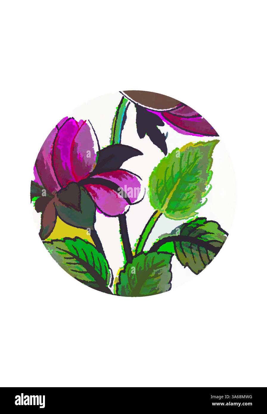 Eine lebendige kreisförmige Illustration mit kräftigen lila Blumen und sattgrünen Blättern, die die Schönheit der Natur in einem künstlerischen Stil zeigt. Klassische Kunst mit modernem Touch, neu interpretiert von Artotop, transformiertes persisches Ornament Stockfoto