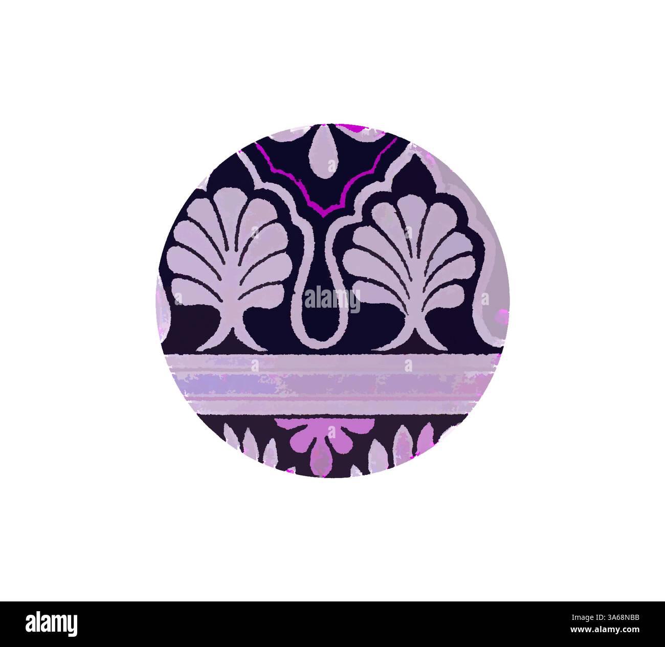 Ein kreisförmiges Design mit komplizierten Motiven mit Blumen- und schalenartigen Mustern, akzentuiert durch langgezogene Kurven und ein reiches Zusammenspiel von dunklen und hellen Tönen. Klassische Kunst mit einem modernen Touch, das von Artotop neu interpretiert wurde, verwandeltes indisches Ornament Stockfoto