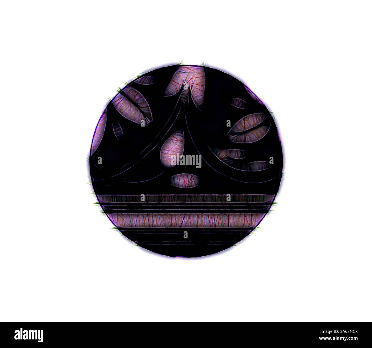 Ein abstraktes Design mit einer zentralen ovalen Form mit komplizierten Mustern und Texturen, die durch weiche, leuchtende Konturen hervorgehoben werden. Die kontrastierenden Elemente erzeugen ein Gefühl von Tiefe und visueller Intrige. Klassische Kunst mit einem modernen Touch, das von Artotop neu interpretiert wurde, verwandeltes indisches Ornament Stockfoto