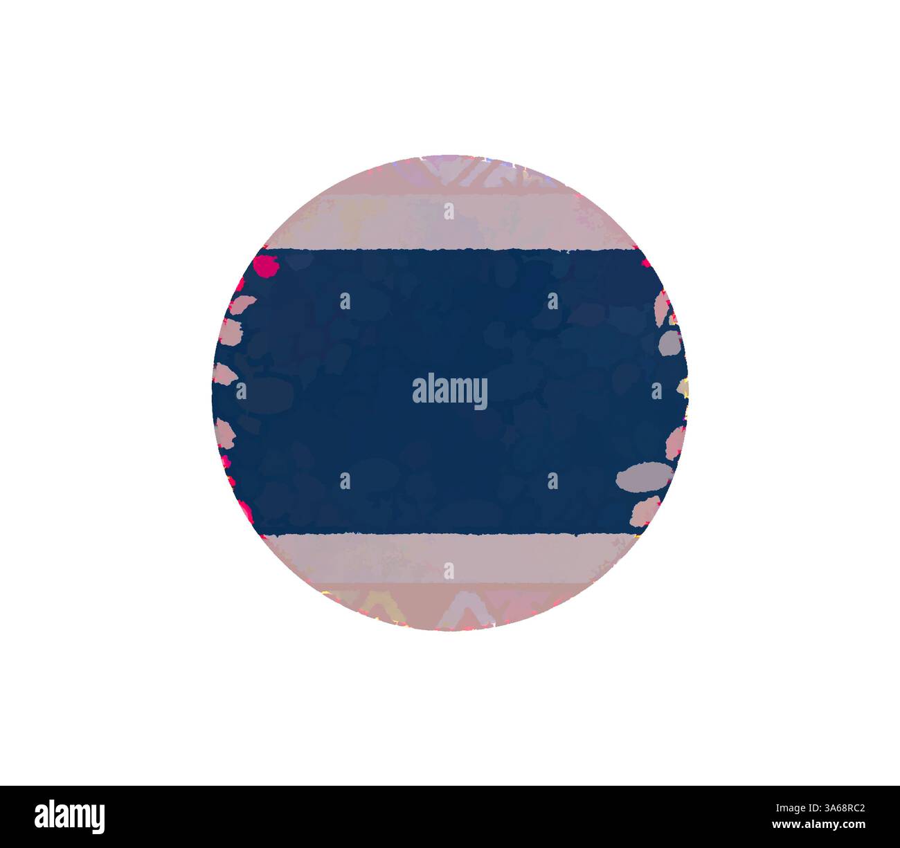 Ein kreisförmiges Design mit einem tiefen marineblauen Zentrum, das von weichen Pastellstreifen und Blumenelementen eingerahmt wird, schafft eine einladende Balance aus Mustern und Farben. Klassische Kunst mit modernem Touch, neu interpretiert von Artotop, transformiertes chinesisches Ornament Stockfoto