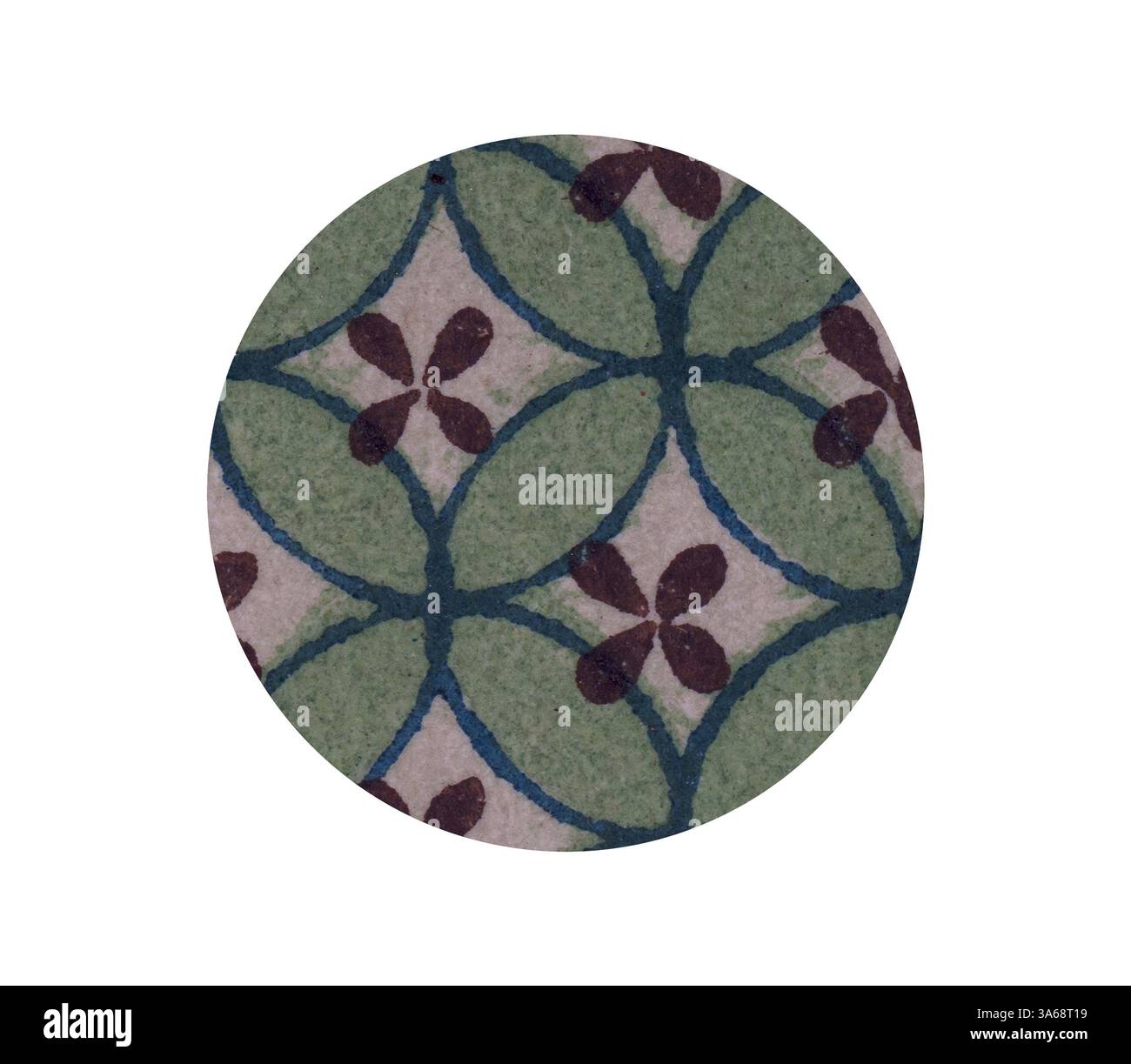 Ein kreisförmiges Muster mit ineinander greifenden grünen Blättern und braunen Blüten an den Kreuzungen, die ein harmonisches und kompliziertes Design schaffen. Klassische Kunst mit modernem Touch, neu interpretiert von Artotop, transformiertes chinesisches Ornament Stockfoto