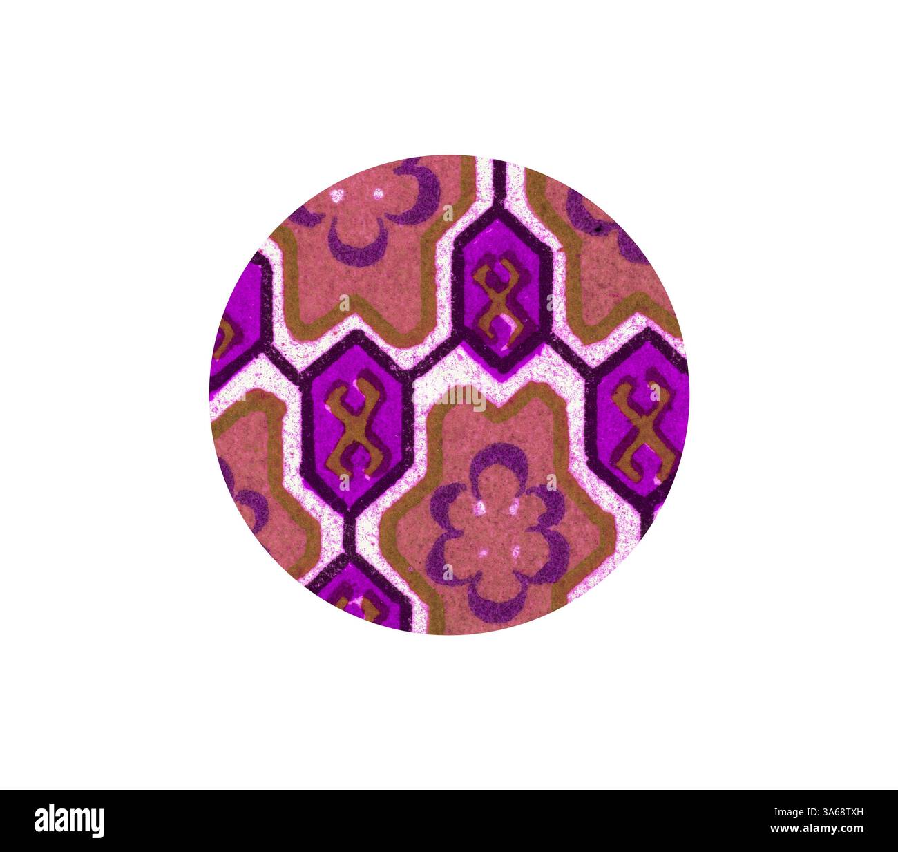 Ein lebhaftes Kreismuster mit komplizierten Blumenmustern in Rosa- und Lila-Tönen und auffälligen geometrischen Linien. Klassische Kunst mit modernem Touch, neu interpretiert von Artotop, transformiertes chinesisches Ornament Stockfoto