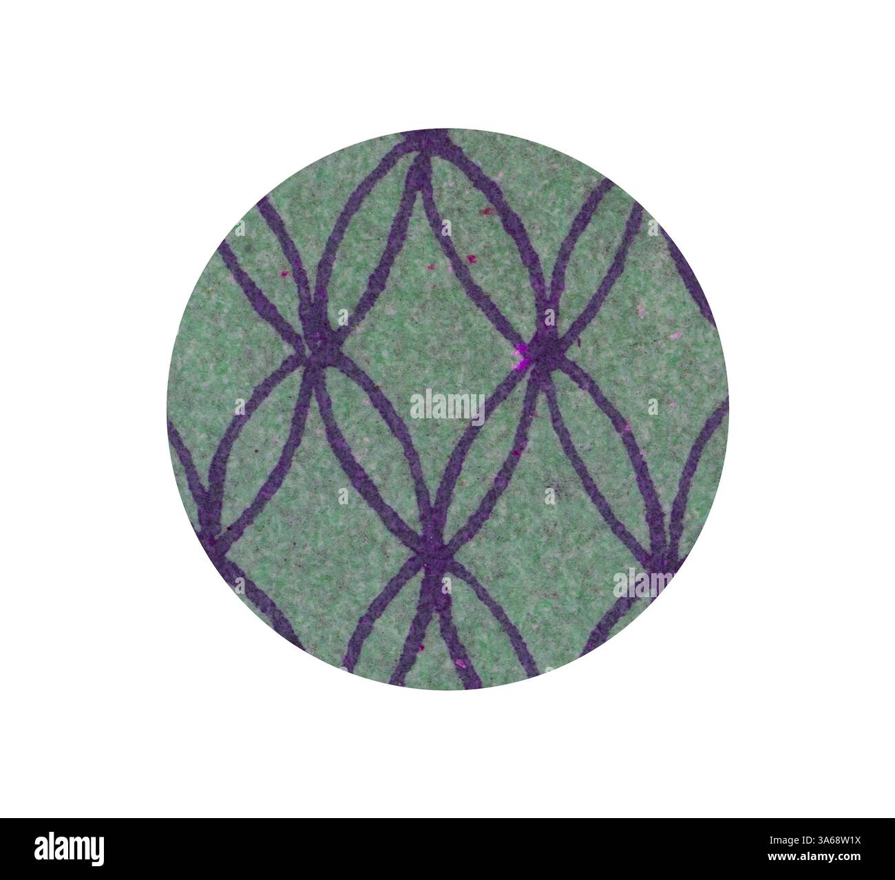 Ein kreisförmiges Muster mit grünem Hintergrund mit sich überlappenden, violetten geometrischen Formen, die an miteinander verbundene ovale erinnern, schafft ein optisch eindrucksvolles Design. Klassische Kunst mit modernem Touch, neu interpretiert von Artotop, transformiertes chinesisches Ornament Stockfoto