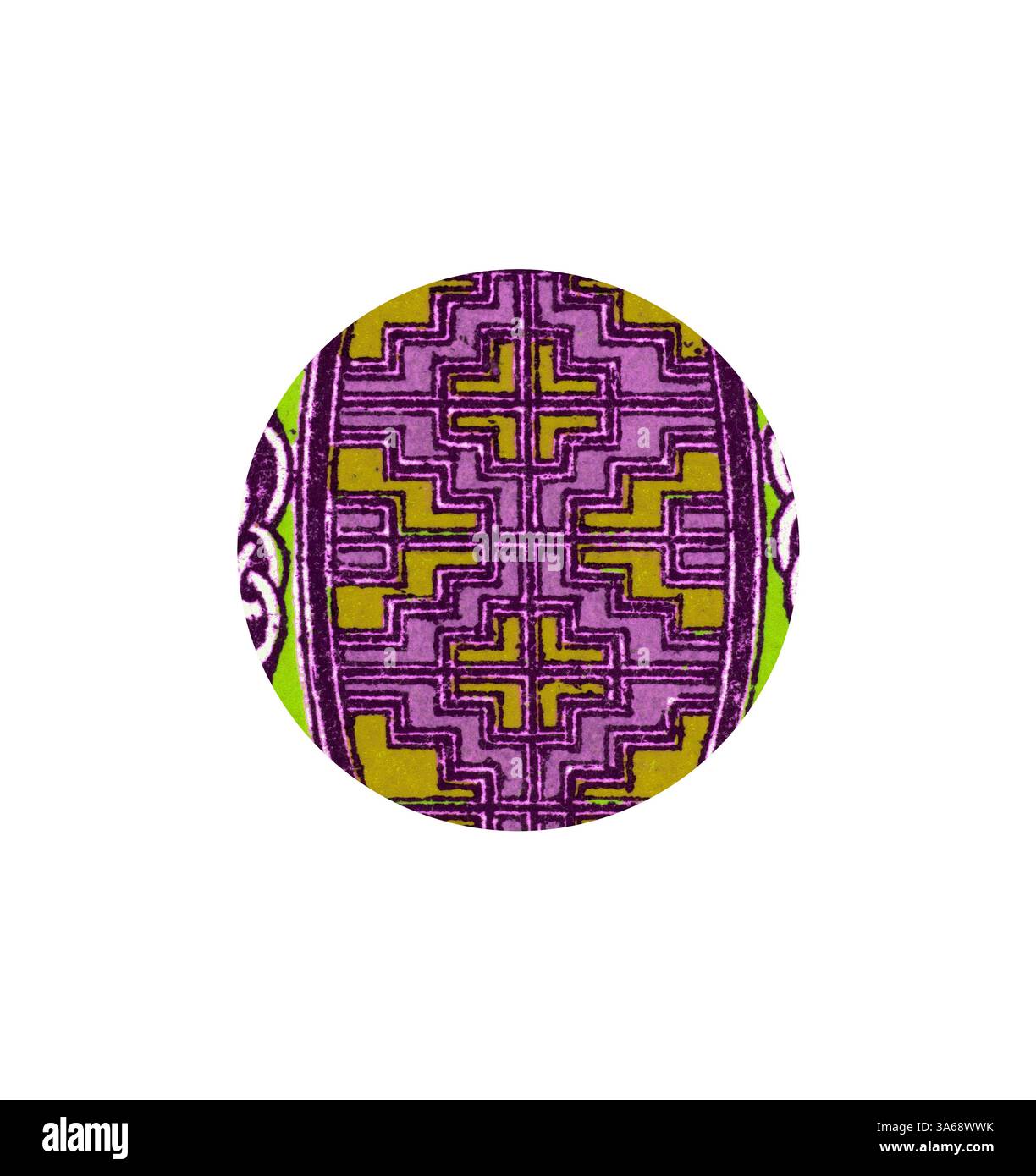 Ein lebendiges, kreisförmiges Muster mit komplexen geometrischen Formen in Lila, Grün und Gelb, das an traditionelle Textilien erinnert. Klassische Kunst mit modernem Touch, neu interpretiert von Artotop, verwandeltes keltisches Ornament Stockfoto