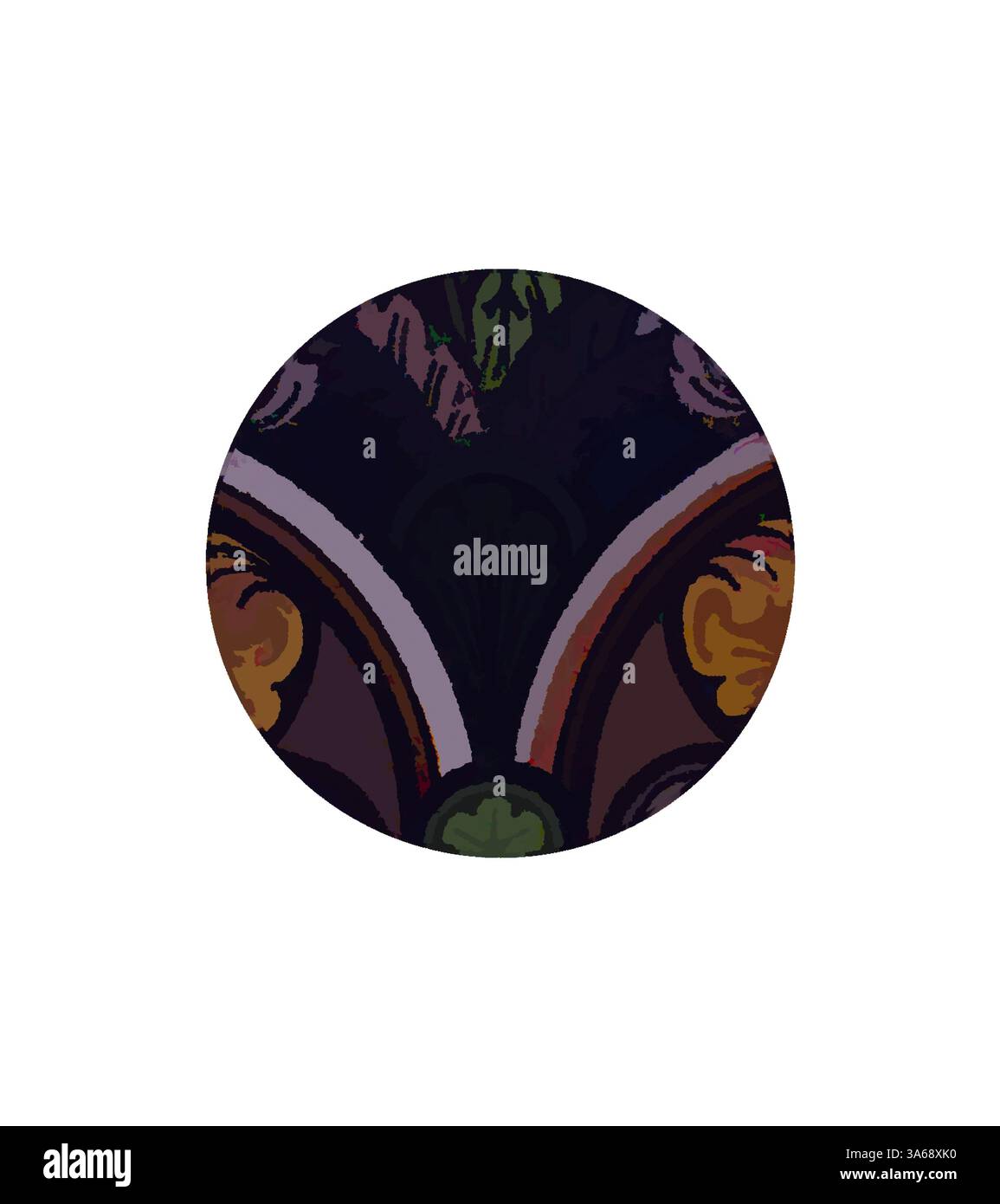 Ein aufwändig gestaltetes Kreismuster mit satten Farben und detaillierten Motiven, das Elemente der Natur und abstrakte Kunst vereint. Klassische Kunst mit modernem Touch, neu interpretiert von Artotop, transformiertes Mediæval Ornament Stockfoto