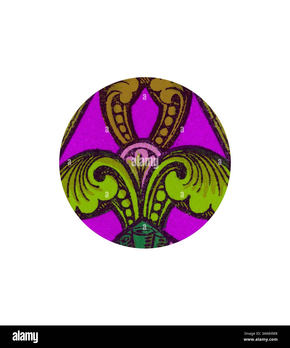 Ein lebhaftes Blumendesign mit komplizierten Wirbeln und Mustern in Grün- und Lila-Tönen sorgt für eine beeindruckende visuelle Wirkung. Klassische Kunst mit modernem Touch, neu interpretiert von Artotop, transformiertes Mediæval Ornament Stockfoto