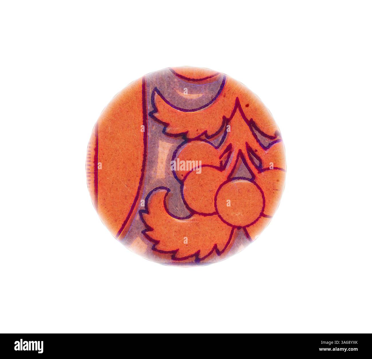 Ein farbenfroher runder Knopf mit verspieltem Blumendesign, komplizierten Konturen und leuchtenden Farbtönen. Klassische Kunst mit einem modernen Touch, das von Artotop neu interpretiert wurde und das Renaissance-Ornament verwandelt wurde Stockfoto