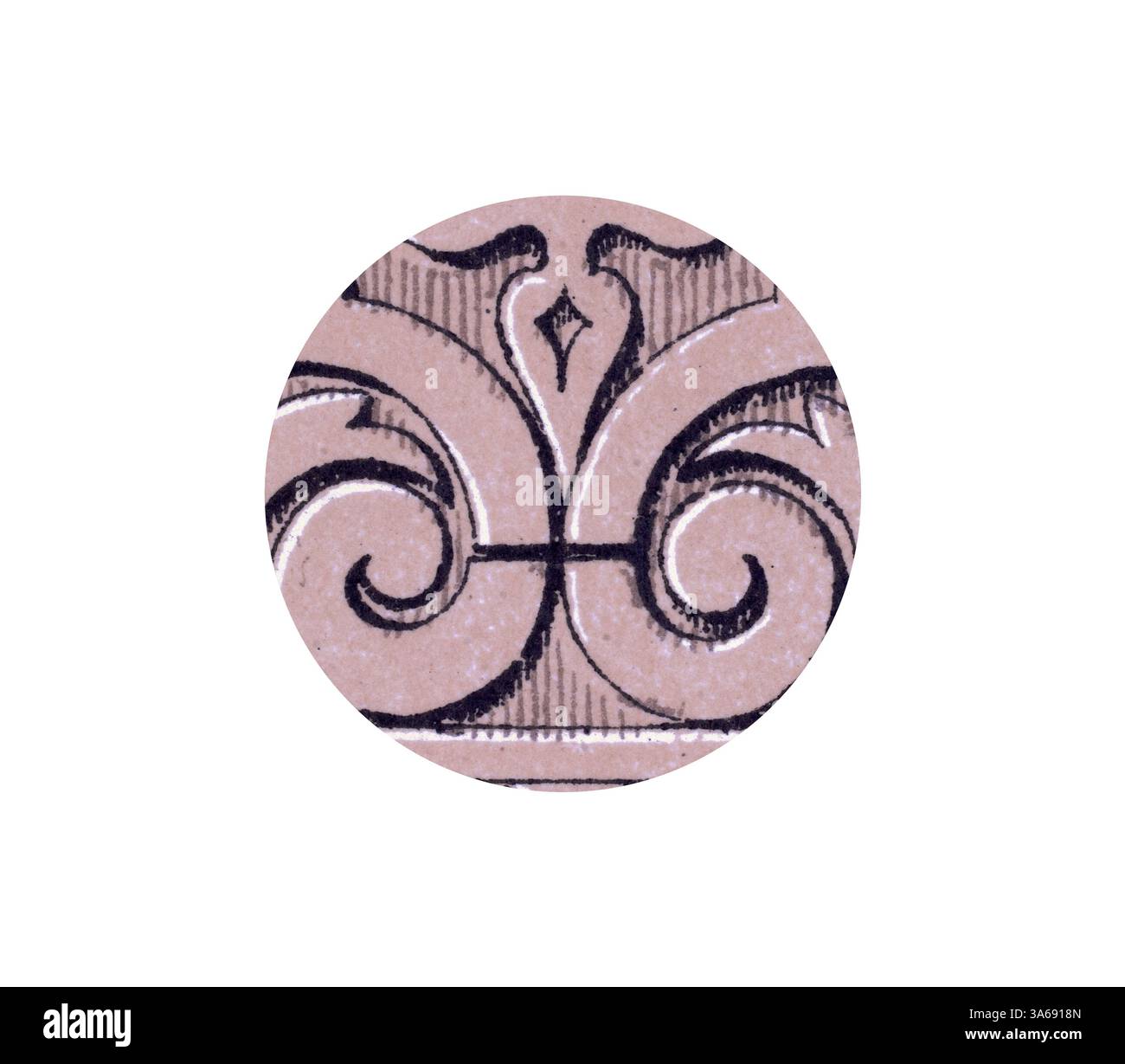 Ein kompliziertes kreisförmiges Design mit eleganten Wirbeln und symmetrischen Mustern, das ein zartes Zusammenspiel von Linien und Formen zeigt. Klassische Kunst mit einem modernen Touch, das von Artotop neu interpretiert wurde und das Renaissance-Ornament verwandelt wurde Stockfoto