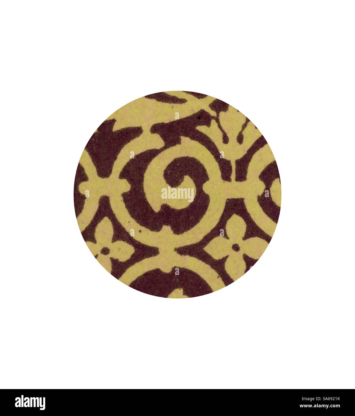 Ein kreisförmiges Muster mit wirbelnden Mustern und Blumenmotiven in kontrastierenden Farben sorgt für ein kompliziertes und elegantes Erscheinungsbild. Klassische Kunst mit einem modernen Touch, das von Artotop neu interpretiert wurde und das elisabethanische Ornament verwandelt wurde Stockfoto