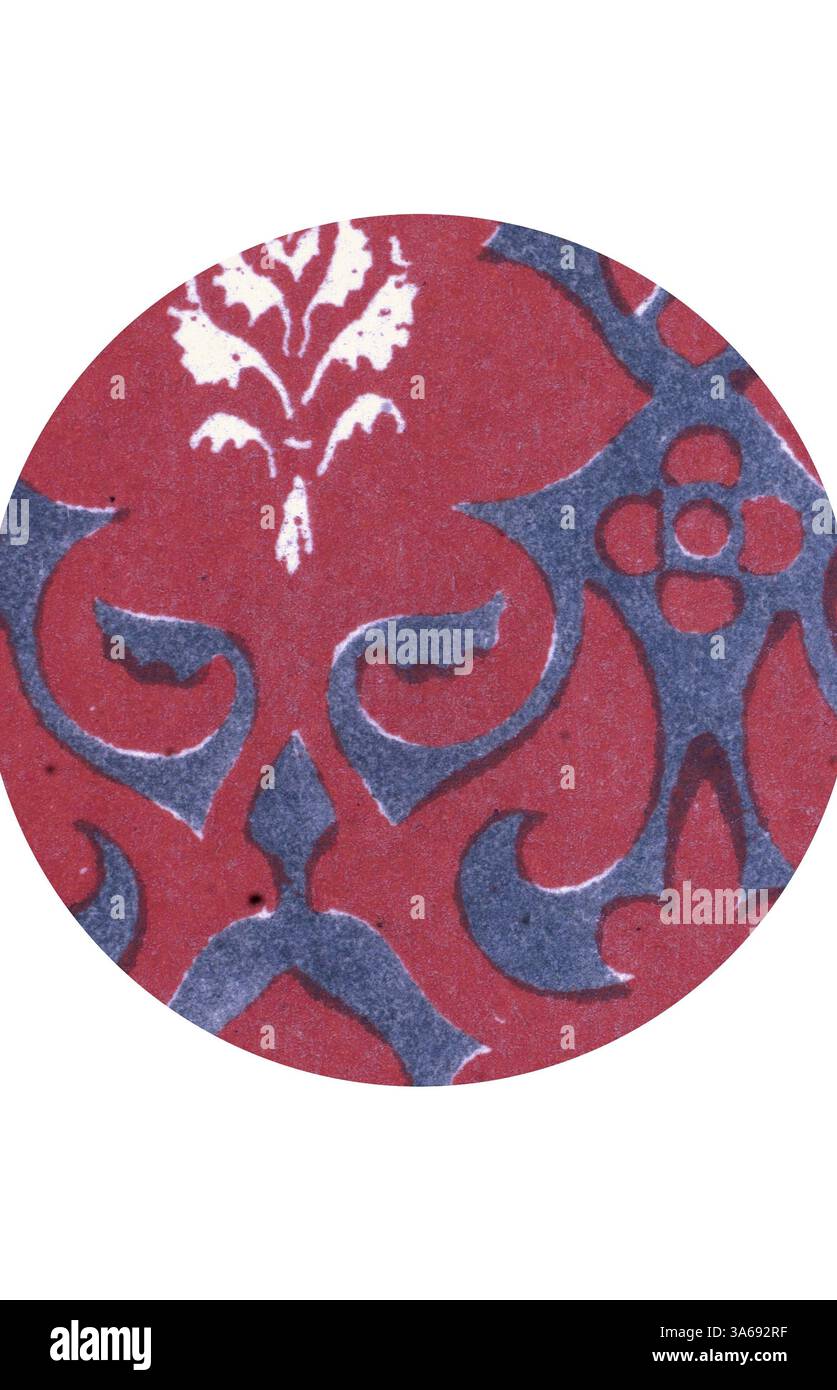 Ein kreisförmiges Muster mit komplizierten Blumen- und geometrischen Mustern in satten Rot- und Kontrastblau. Klassische Kunst mit modernem Touch, neu interpretiert von Artotop, transformiertes Mediæval Ornament Stockfoto